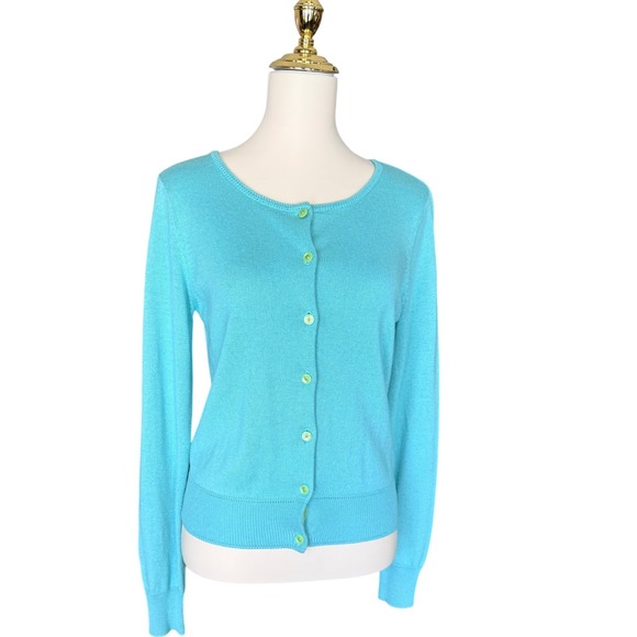 Milly Sweaters - Milly of New‎ York Turquoise Blue Silk Cashmere Cardigan Lime Trim L vintage